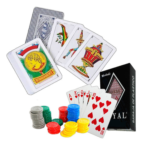 Set De Naipes De Poker + Baraja Española + Fichas Plastico