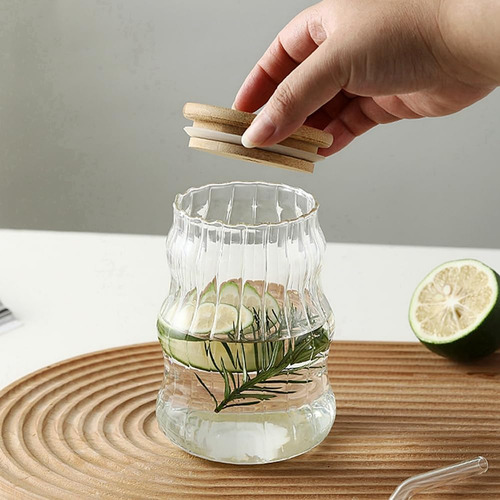 Vasos De Vidrio Acanalados Vawolecy Con Pajitas Y Tapas, 2 V