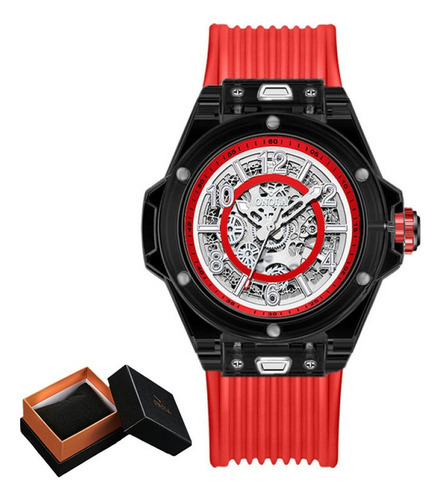 Relógios mecânicos de luxo Onola Hollow Out para homens, cor da pulseira: vermelho, preto