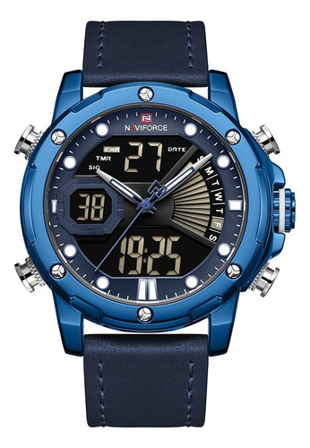 Reloj pulsera Naviforce NF9172 de cuerpo color azul, analógica-digital, fondo negro, con correa de cuero color azul, agujas color plateado y azul y blanco, dial blanco y azul, minutero/segundero blanco, bisel color azul, luz verde y hebilla simple