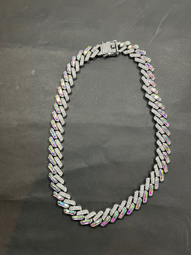 Cadena Collar Cubano Full Ice Drip Tornasolado Acero Plateado