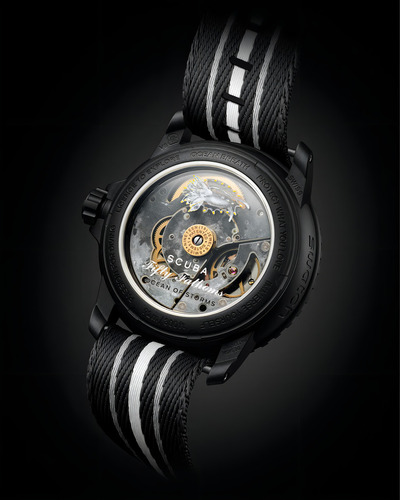 Reloj Swatch Blancpain Scuba Fifty Fathoms, correa negra Ocean Storms, bisel negro, fondo negro