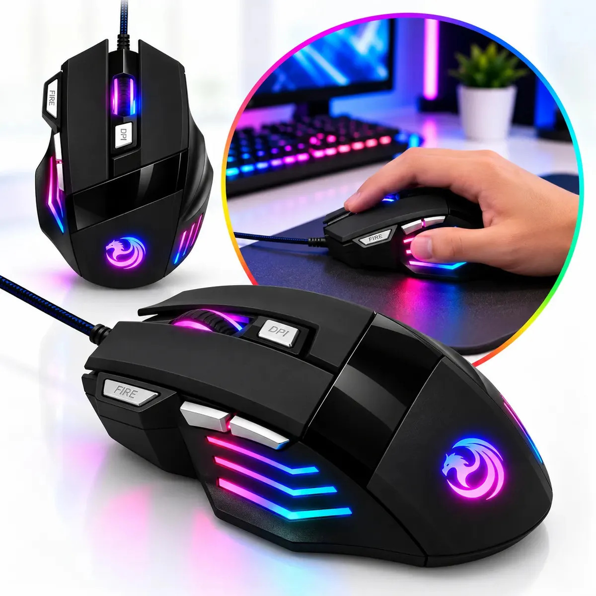 Mouse Gamer RGB USB Com Fio 3200 DPI Ajustável 7 Botões Fire Button LED 7 Cores Para PC Ergonômico