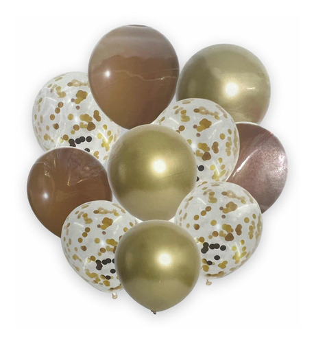 Set 10 Globos Marrón Dorado Retro Transparente Confetti 