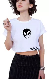 Blusa Crop Top Juvenil Negro/blanco Diseño Alien Yin Yang