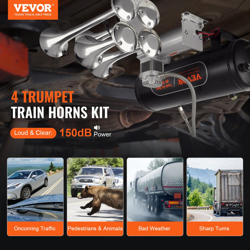 Kit Bocinas Tren Aire 4 Trompetas 150db 12v 160psi 10lt