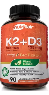 Suplemento Nutriflair Vitaminas D3+ K2 Mas Bioperina X 90cap