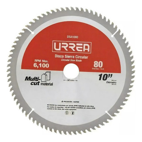 Disco Sierra Circular Corte 10 PuLG 80 Dientes Urrea Dsa1080