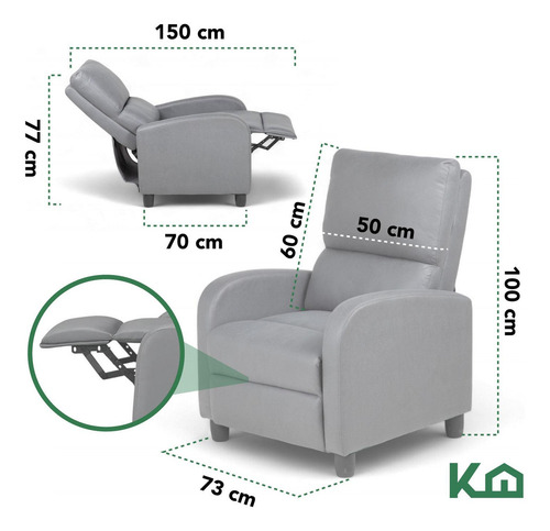 Sofá Reposet Reclinable Individual Tapizado De Tela Sillón Acolchado Color Gris Kingshouse