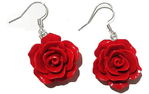 Aretes Flor Rosa Roja Anillos Esmaltada Aretes Colgantes Par