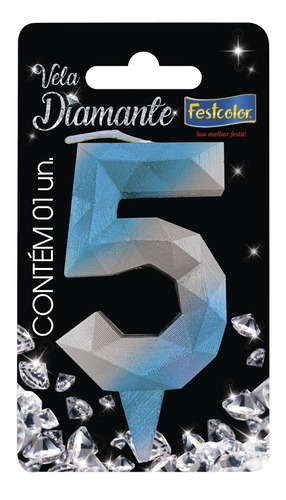 Número 5 - Vela Diamante Azul E Prateada Para Bolo E Festa