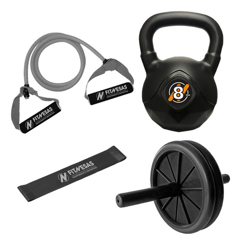 Kit Set Rueda Pesa Rusa Kettlebell 8 Kg Bandas Fitnesas