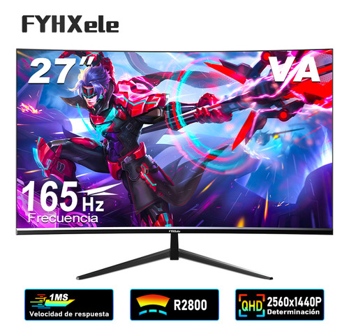 Monitor Gamer Curvo Fyhxele 27" 2K Qhd lcd 165Hz 1ms Hdmi/dp FreeSync Negro 127V