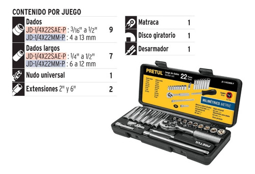 Juego De Herramienta Copas 22 Piezas, Milimetrico 1/4 Pretul