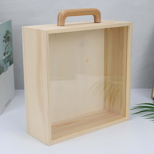 Caja De Madera Con Asa Vacío Tapa Acrílica Grande