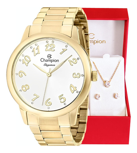 Relógio Champion Feminino Cn29409d + Colar E Brincos 