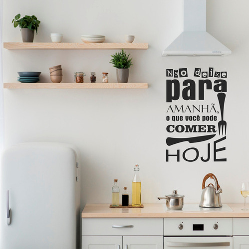 Adesivo Frase Parede Cozinha Talher Comer Hoje 70cm X 45cm Cor Preto Fosco