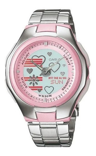 Reloj Casio Lcf-10d Mujer Original, Doble Hora, 5 Alarmas Color de la correa Plateado Color del fondo Rosa claro