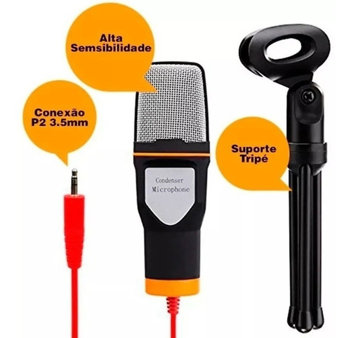 Microfone Condensador Omnidirecional Redução De Ruído Tripé Cor Preto