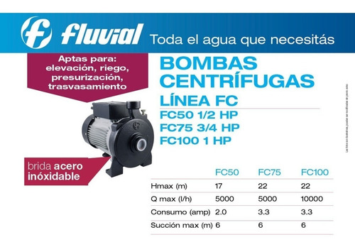 Bomba Elevadora Agua Centrifuga 1 Hp Modelo Fc100 Fluvial