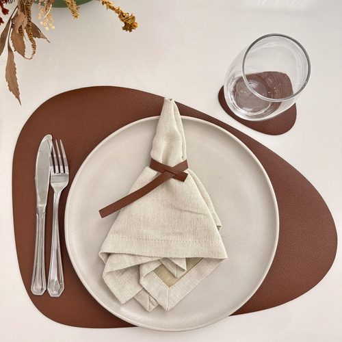 Kit 6 Peças Jogo De Mesa Americano Sousplat Mesa Posta Cor Preto/Marrom Lisa