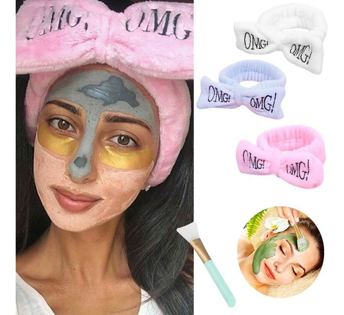 Set 3 Bandas Omg Maquillaje Rutina Belleza+ 1 Brocha Silicon Color Blanco, rosa y celeste
