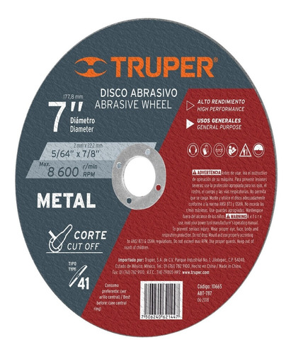 Disco Corte Metal 7' X 2mm Uso Gral. Truper 10665 C/5pzas