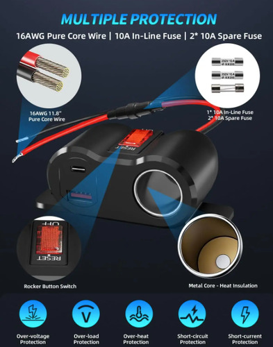 Cargador Usb C Y A Y Toma De Encendedor 12v Con Cubierta Azul