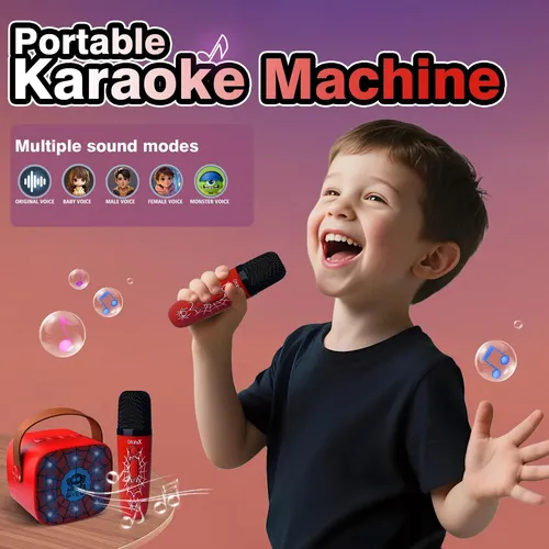 MMOBIEL Karaoke Bluetooth Infantil – Altavoz Portátil Con 2 Micrófonos Inalámbricos, Luces LED, 5 Efectos De Voz – Conexión Rápida USB-C – Regalo Para Niños Y Niñas +3 Años (Azul)