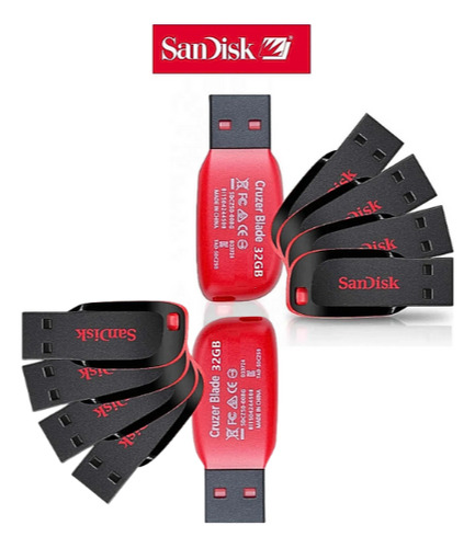 Kit Com 10 Pen Drives Sandisk 32gb Usb 2.0 Original Preto Cruzer Blade 32gb