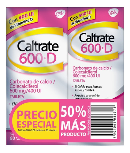 Caltrate Suplemento De Calcio 600mg 60+30 Tabletas Sabor Sin sabor