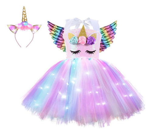 #3pcs Vestido De Princesa Unicornio Con Luz Led Y Diadema Pa