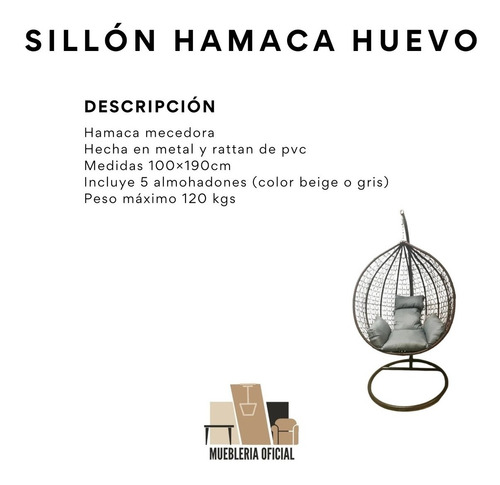 Imagen 5 de 8 de Combo 1 Hamaca Huevo Metálico Rattan Exterior + 5 Almohadas