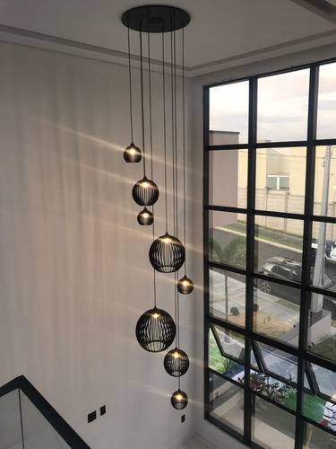 Lustre Para Sala Pé Direito Duplo Alto Mix Ball P7 Preto 110V/220V (Bivolt)