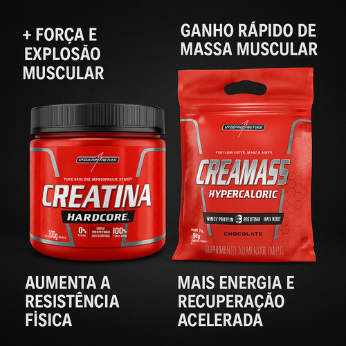 Kit Creatina Hardcore 300g Com Hypercalorico Creamass 3kg Sabores Chocolate