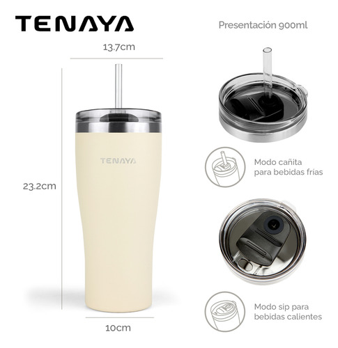 Vaso Tenaya Acero Inoxidable 900ml Tapa A Prueba Derrames, C