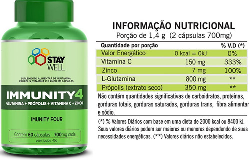 Immunity 4 - Fórmula avanzada con glutamina, propóleo, vitamina C y zinc - 60 cápsulas