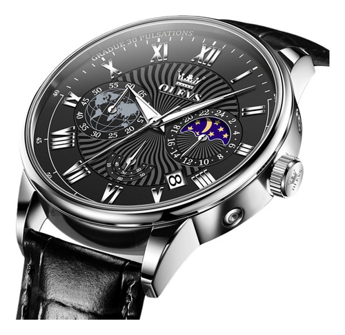 Reloj Olevs Luminous Chronograph De Cuero Con Calendario Color Del Bisel Silver Black