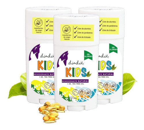 Imagen 1 de 10 de Diadie 3pack Desodorante Natural Kids.para Niños. Unisex