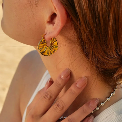 Aretes Hoops Acero Inoxidable+ Baño De Oro 18k Abanico