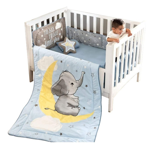 Edredon 100% Algodón Cama Cuna Corral Elephant Azul Vianney Diseño De La Tela Infantil