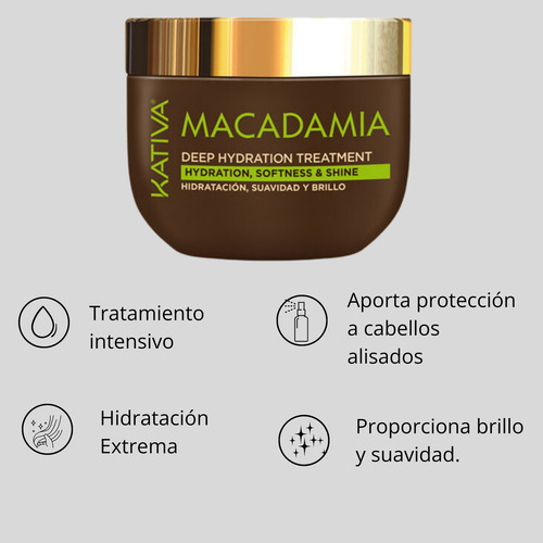 Kativa Tratamiento Macadamia · Hidratación Suavidad Y Brillo