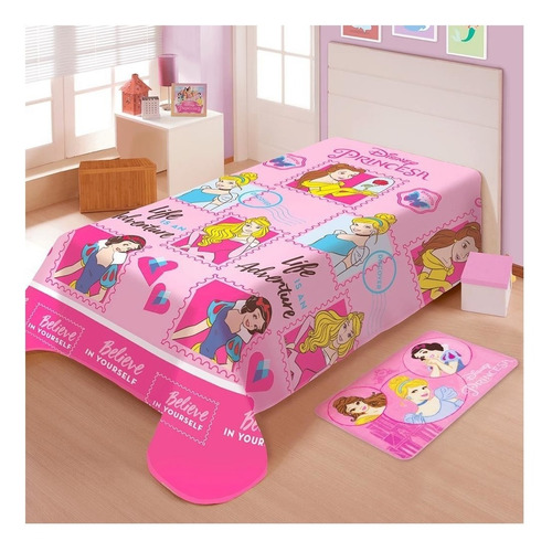 Manta Jolitex Ternille Licenciados Soft solteiro cor rosa com design princesas amigas/rosa de 200cm x 150cm