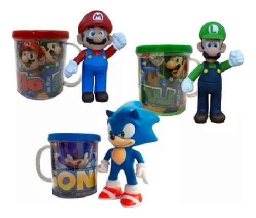Kit 3 Bonecos Sonic - Mario E Luigi + Canecas Personalizada