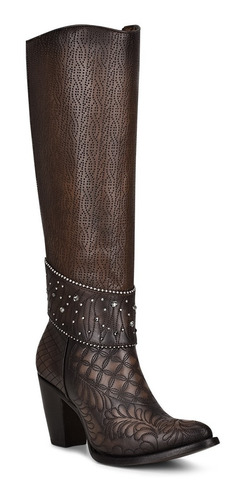 Imagen 2 de 9 de Bota Alta Cuadra Dama En Piel Genuina Chocolate Con Cierre