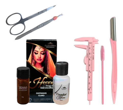 Kit Designer Sobrancelha Henna Profissional Pinça Tesoura Cor Castanho Claro