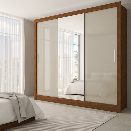 Guarda-roupa Casal Katherine Slim 3 Portas Com Espelho Cor Bege
