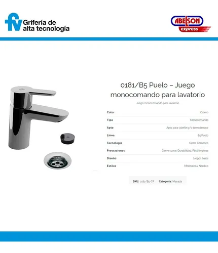 Juego Grifería Monocomando Fv Puelo Ducha Lavatorio Bidet