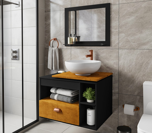 Neloja Conjunto Armario Para Banheiro Paris Kit Banheiro Com Cuba Gabinete Premium Moderno Suspenso Cor Preto/nature