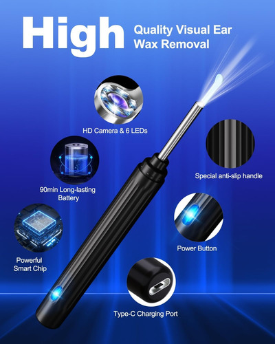 Kit Otoscopio Hd Con Cámara Y 6 Púas Para Limpieza De Oídos